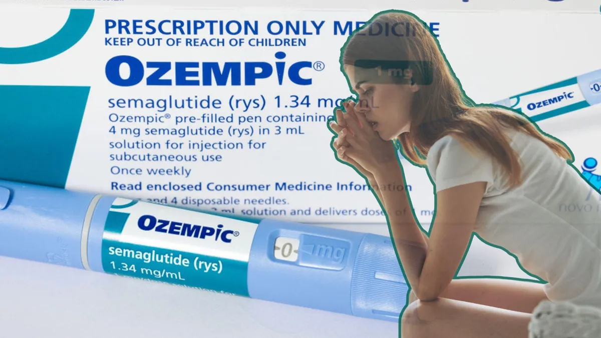 A box and injection of Ozempic/A thin woman looking sad