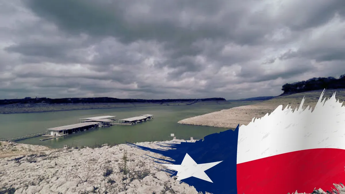 A photograph of Medina Lake in Texas with extremely low water levels/The flag of Texas
