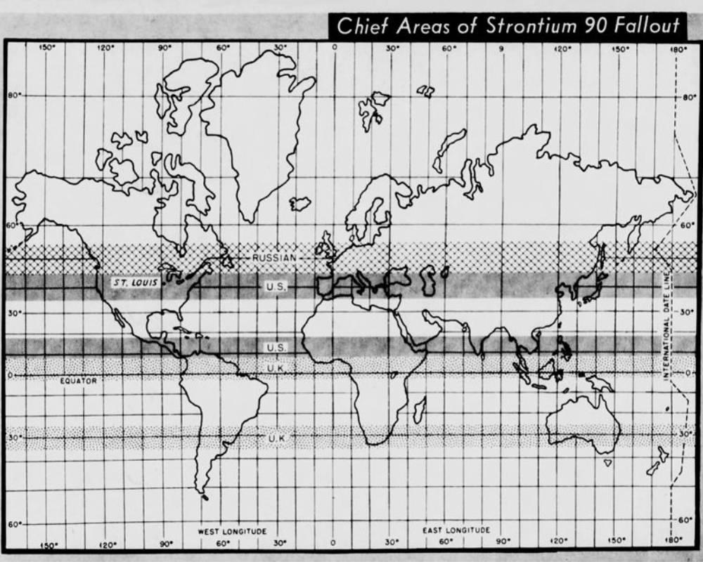 An archival map titled Chief Areas of Strontium 90 Fallout