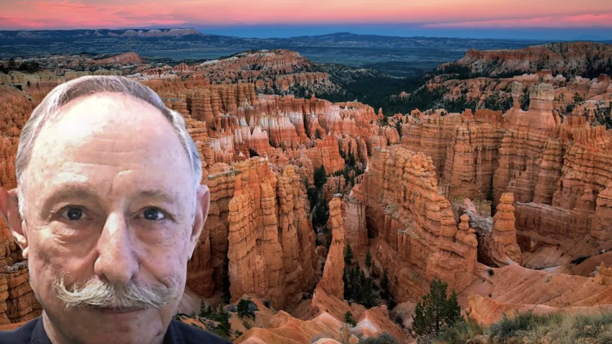 A photograph of Park Ranger Tom Lorig/An aerial photograph of Bryce Canyon National Park in the USA