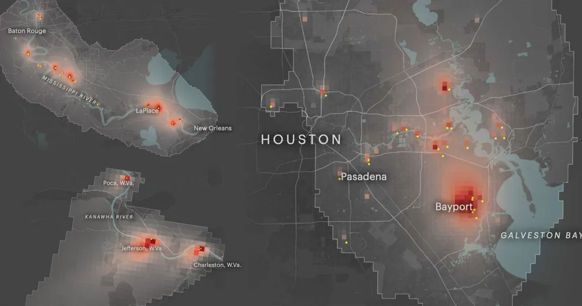 A virtual map indicates ppb risk of cancer in “hot zones” around Houston