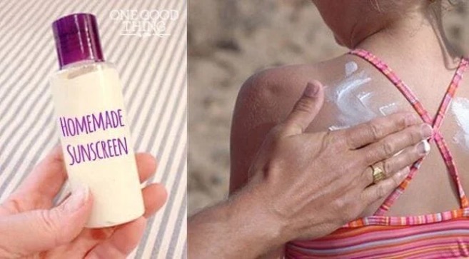 Archive composite showing a homemade sunscreen bottle and cream being applied to a shoulder.