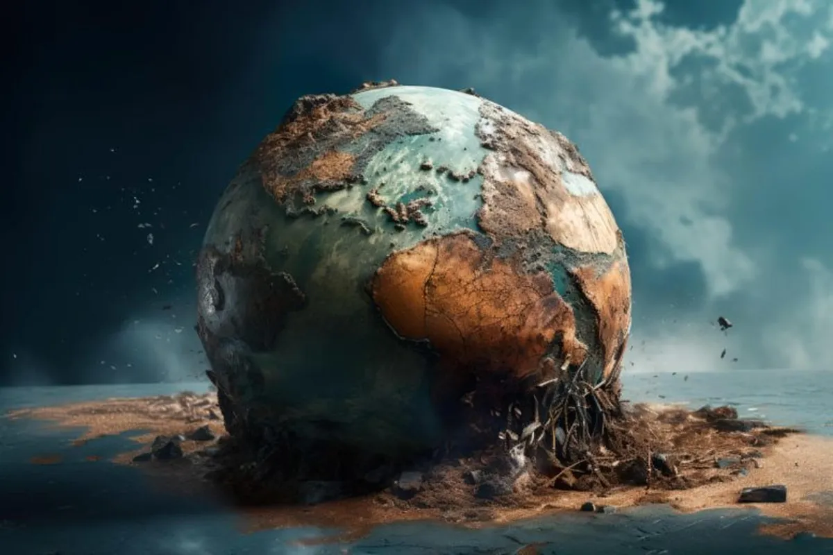 A digital illustration of planet Earth collapsing
