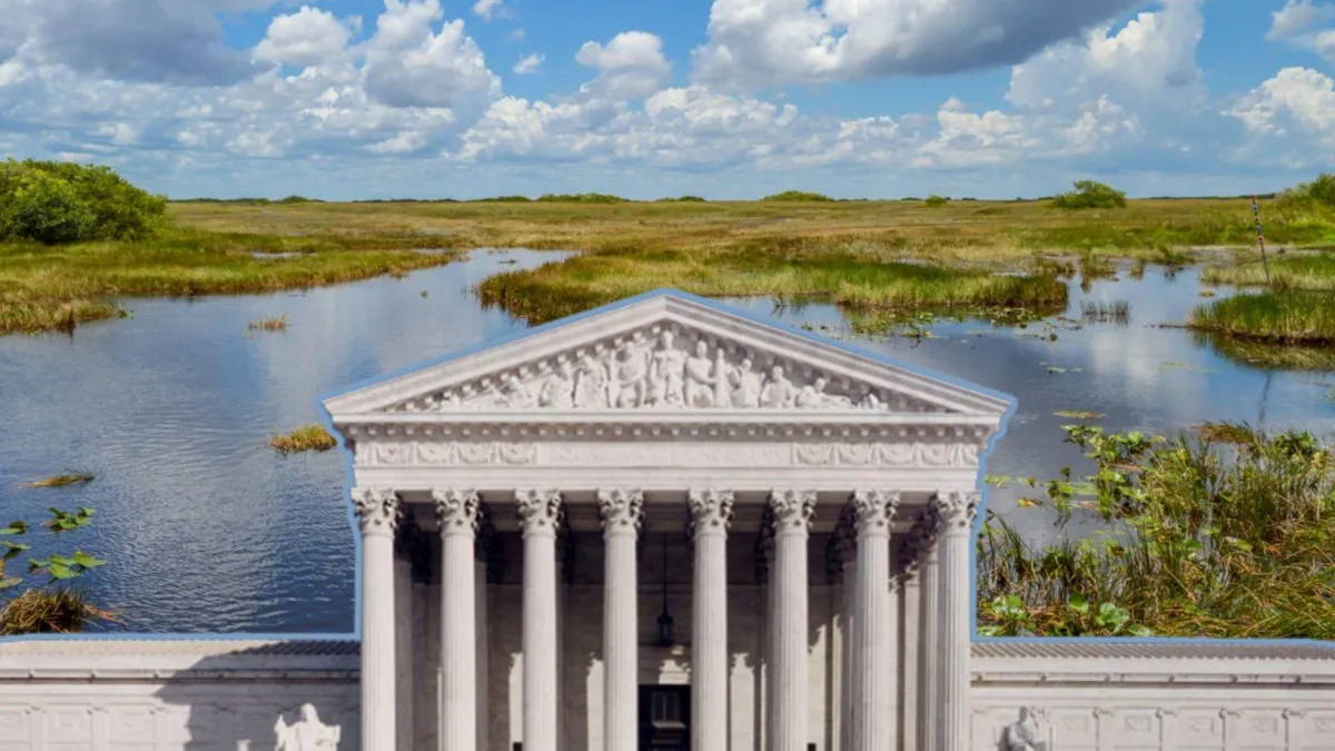 A photograph of the wetlands in Indiana/The US Supreme Court building