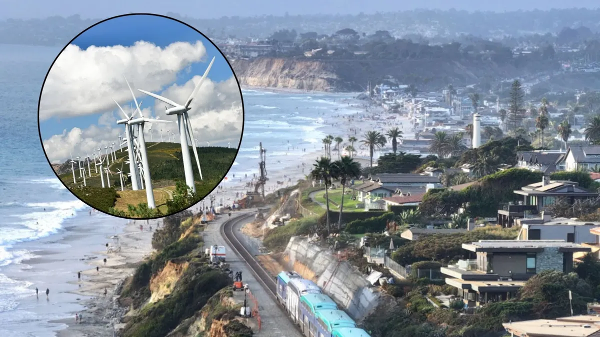 An aerial view of the coast in California with palm trees, a large beach, and houses, imposed with a circular photo of wind mills