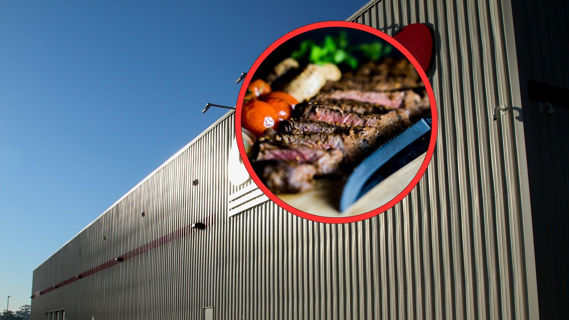 Illustrative archive composite of a retail warehouse and cooked steak.