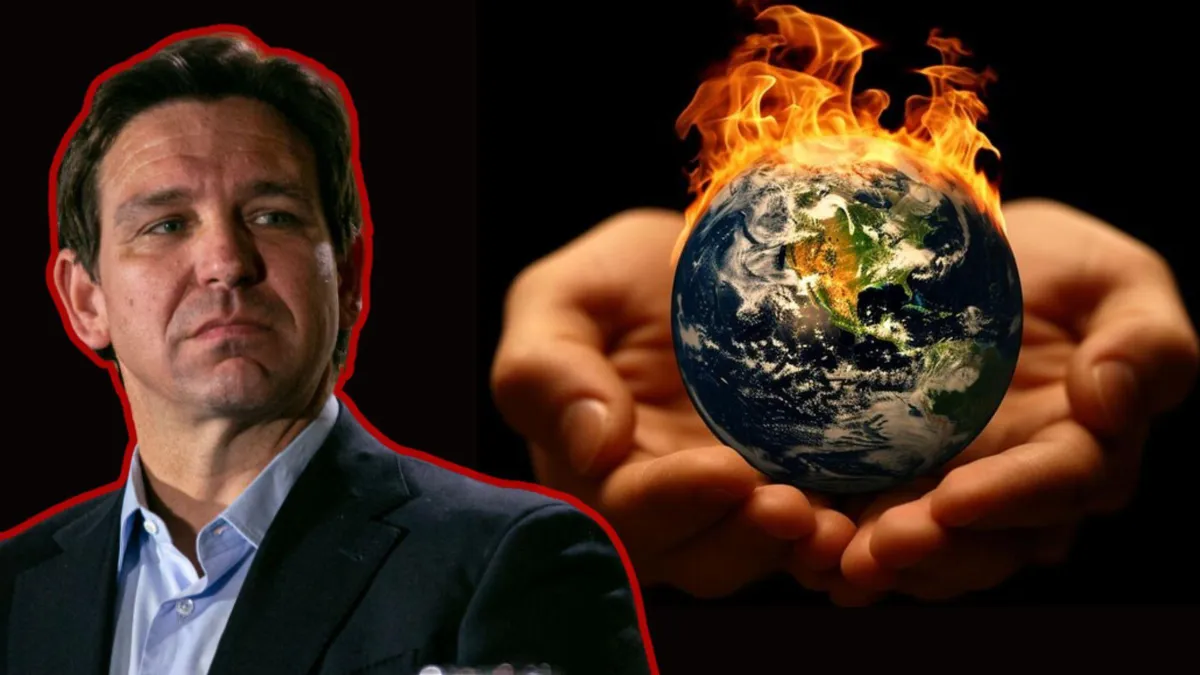 A photograph of Florida’s governor Ron DeSantis/A digital illustration of two hands holding planet Earth while it burns