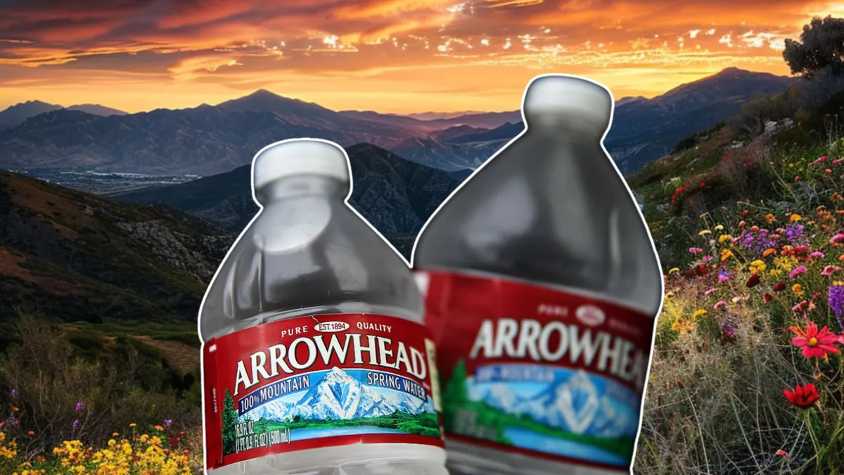 Two bottles of Arrowhead water in front of the San Bernardino Mountain range