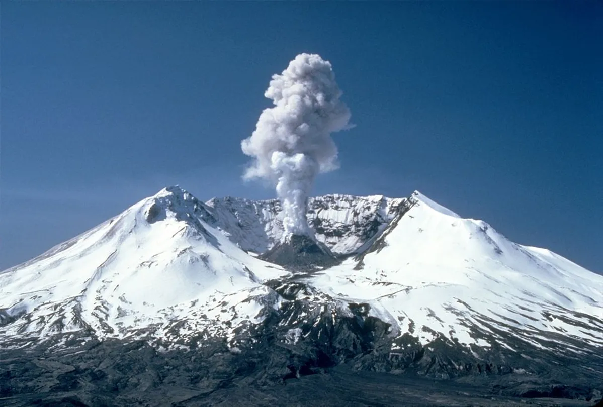 A photograph of Mount St. Helens during the start of its eruption in 1980