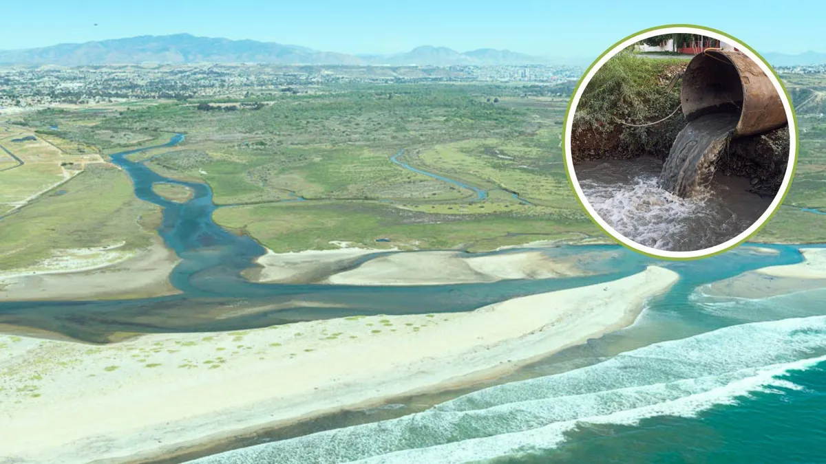 An aerial photograph of the Tijuana River flowing into the ocean/A photograph of sewage spilling out of a pipe into a river