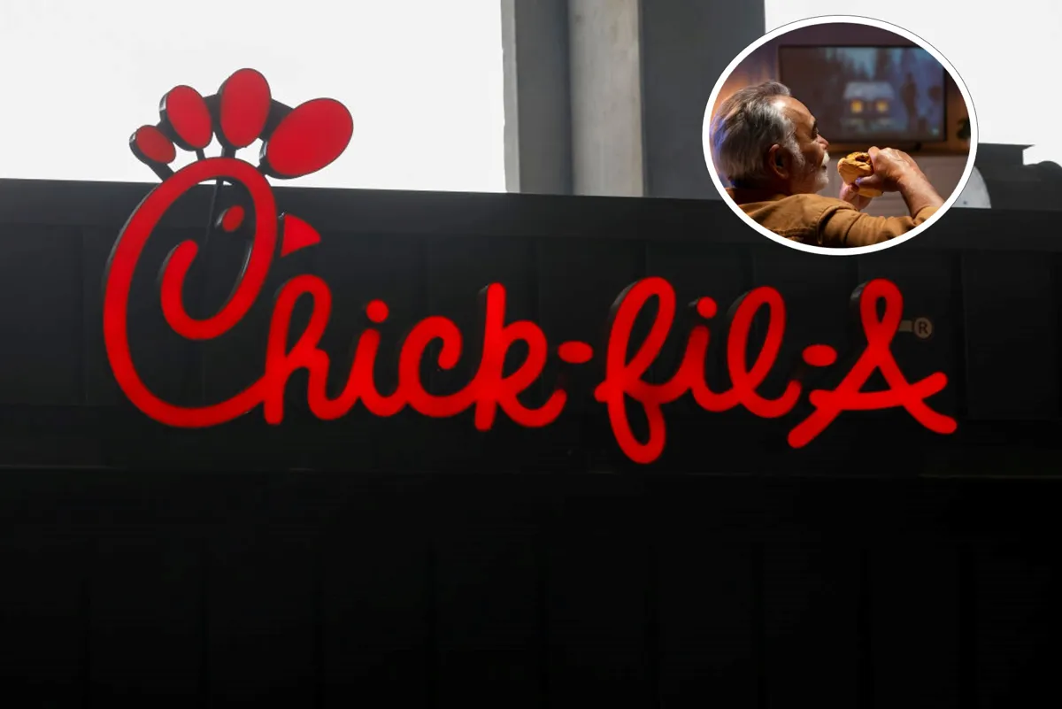 General signage of Chick-fil-A and a man eating a burger while watching TV on top right