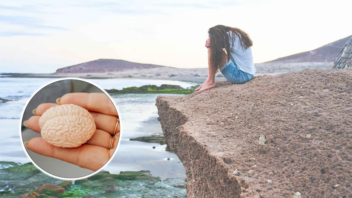 Woman sitting alone on the rocks at the beach; hand holding brain