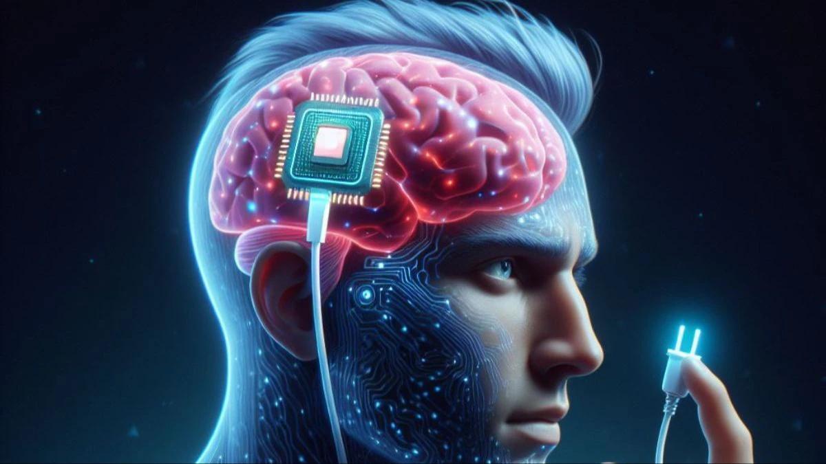 A science-fiction illustration of a head with an implant; not a clinical placement diagram.