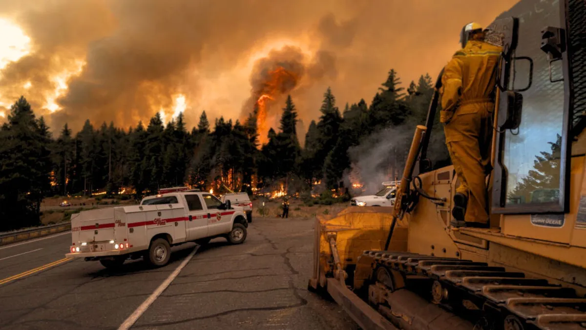 A crew of firefighters stand in front of a massive forest blaze.