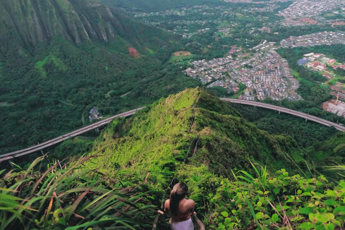 View of hiker on the Haiku Stairs in Honolulu, Hawaii