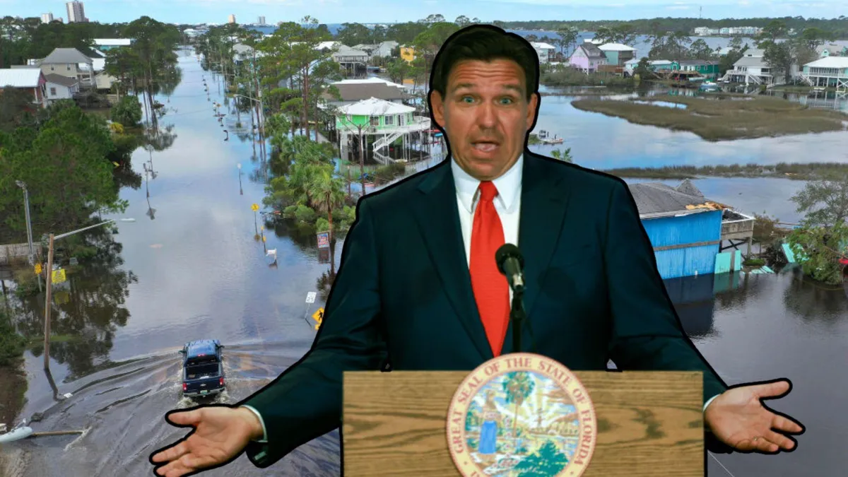 A photograph of Florida Governor Ron DeSantis speaking at a podium/An aerial photograph of extreme flooding in Southern Florida