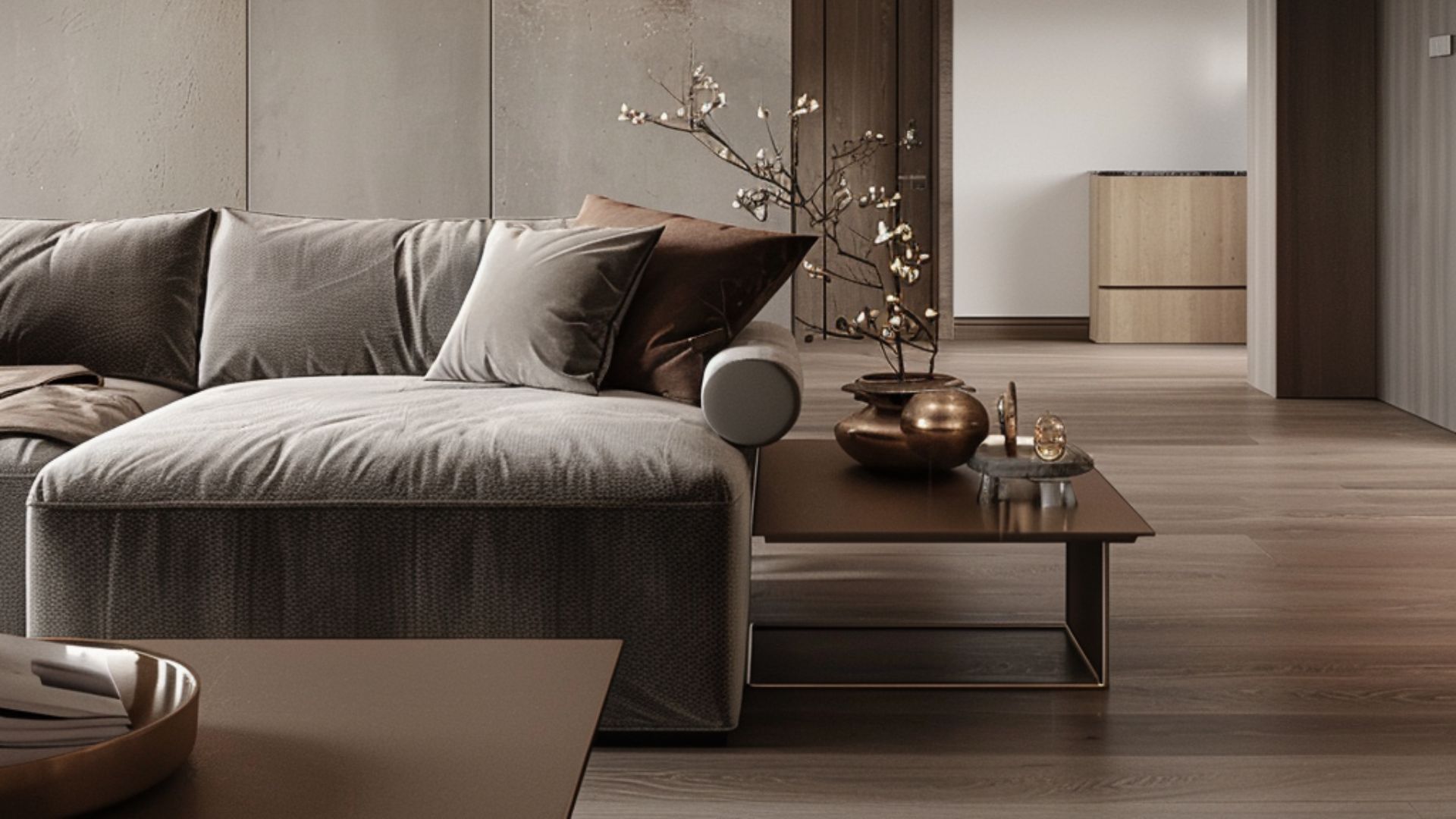 A gray sofa and rug in a living room
