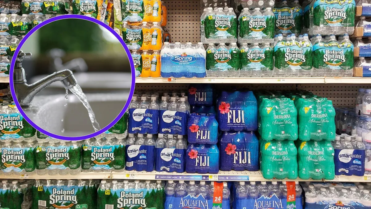 A photograph of several bottled water brands at a grocery store/A photograph of water flowing from a tap