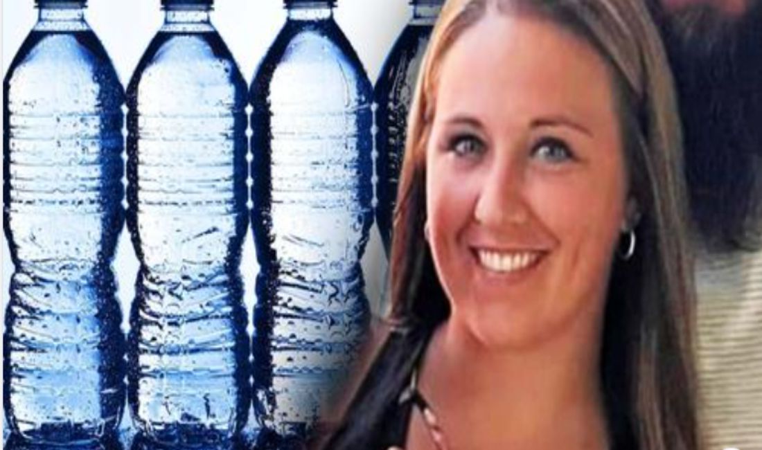 An early-coverage composition of water bottles and Ashley Summers