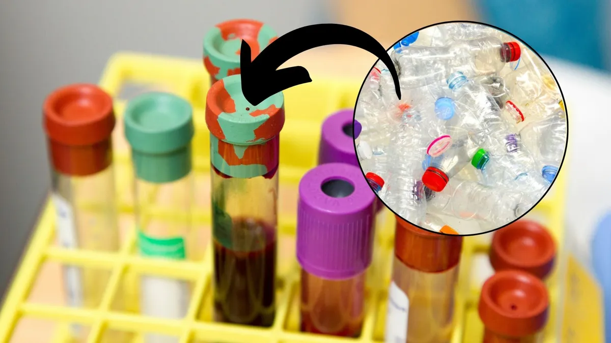 Vials of blood with a photo of plastic bottles imposed on top