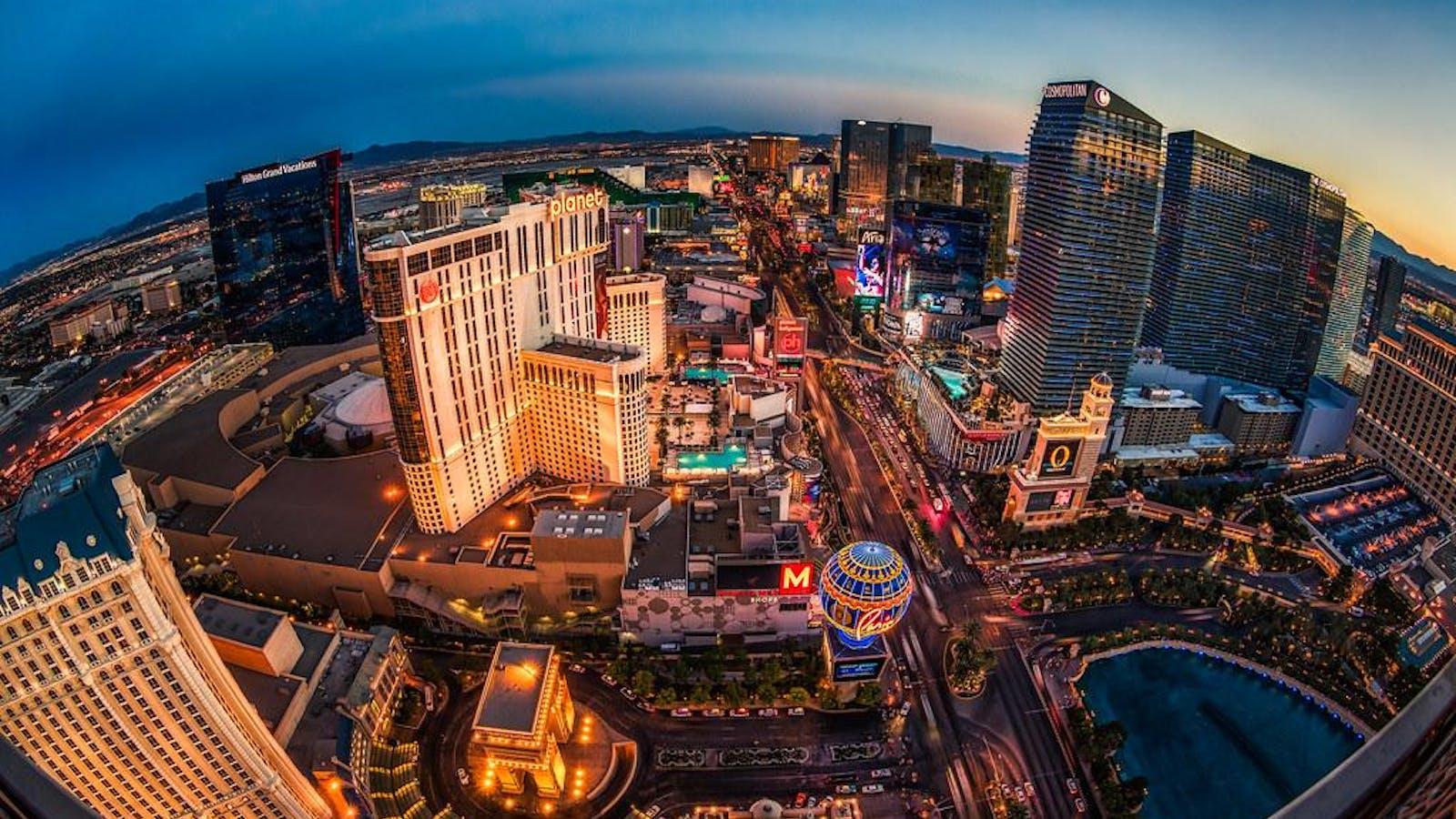 An elevated view of Las Vegas buildings; archive photograph.
