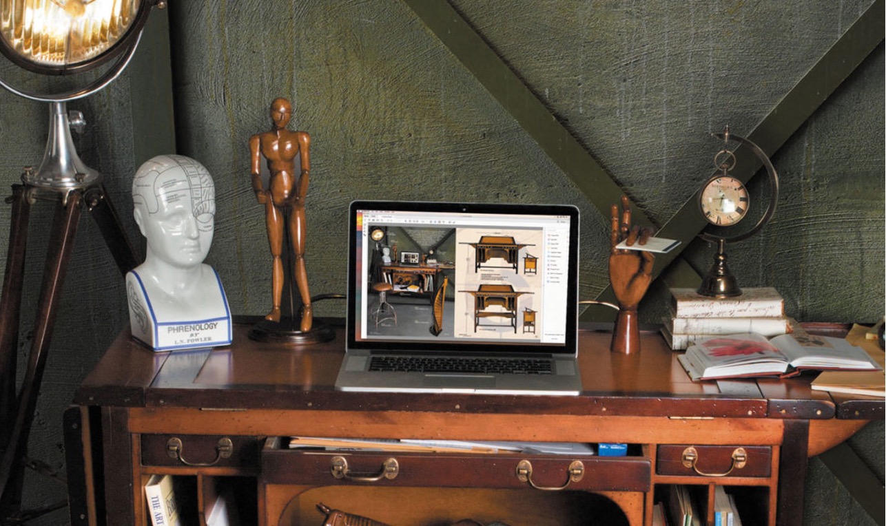 Desk with a lamp and framed photograph