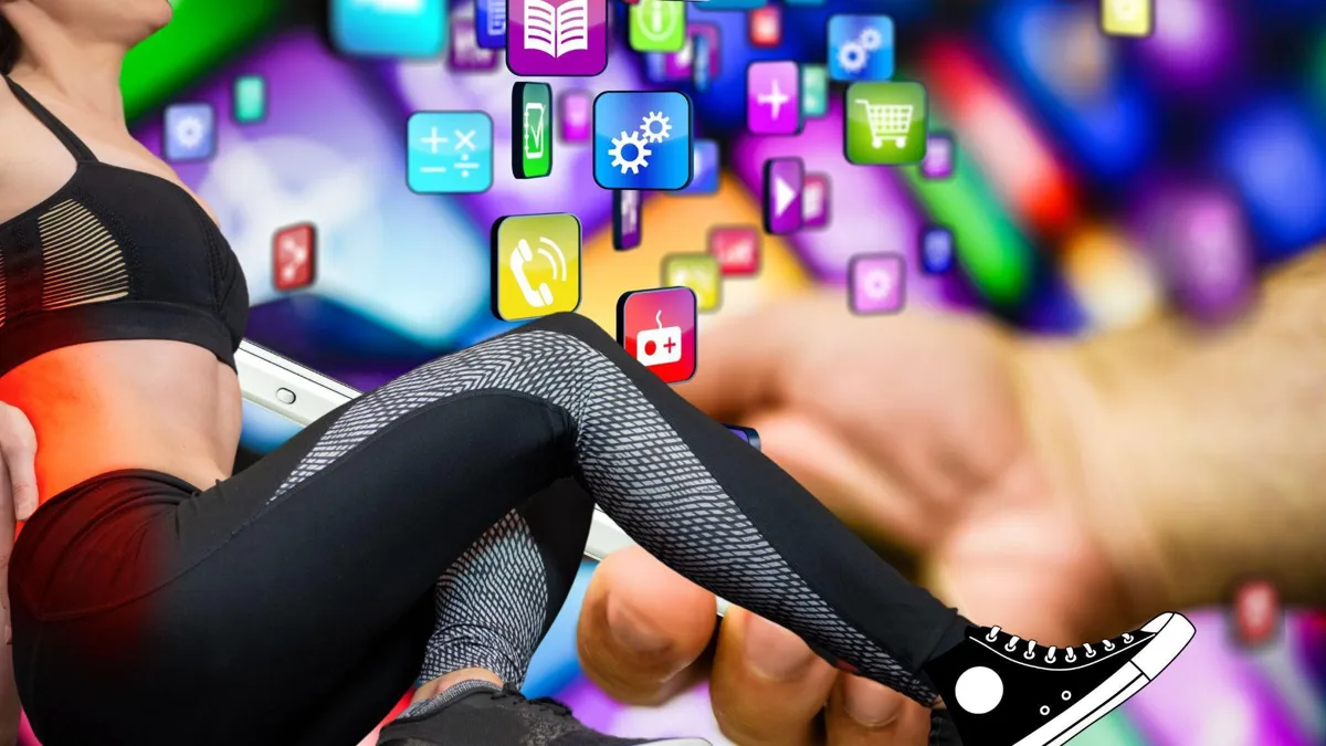 A woman in pain overlays several different apps
