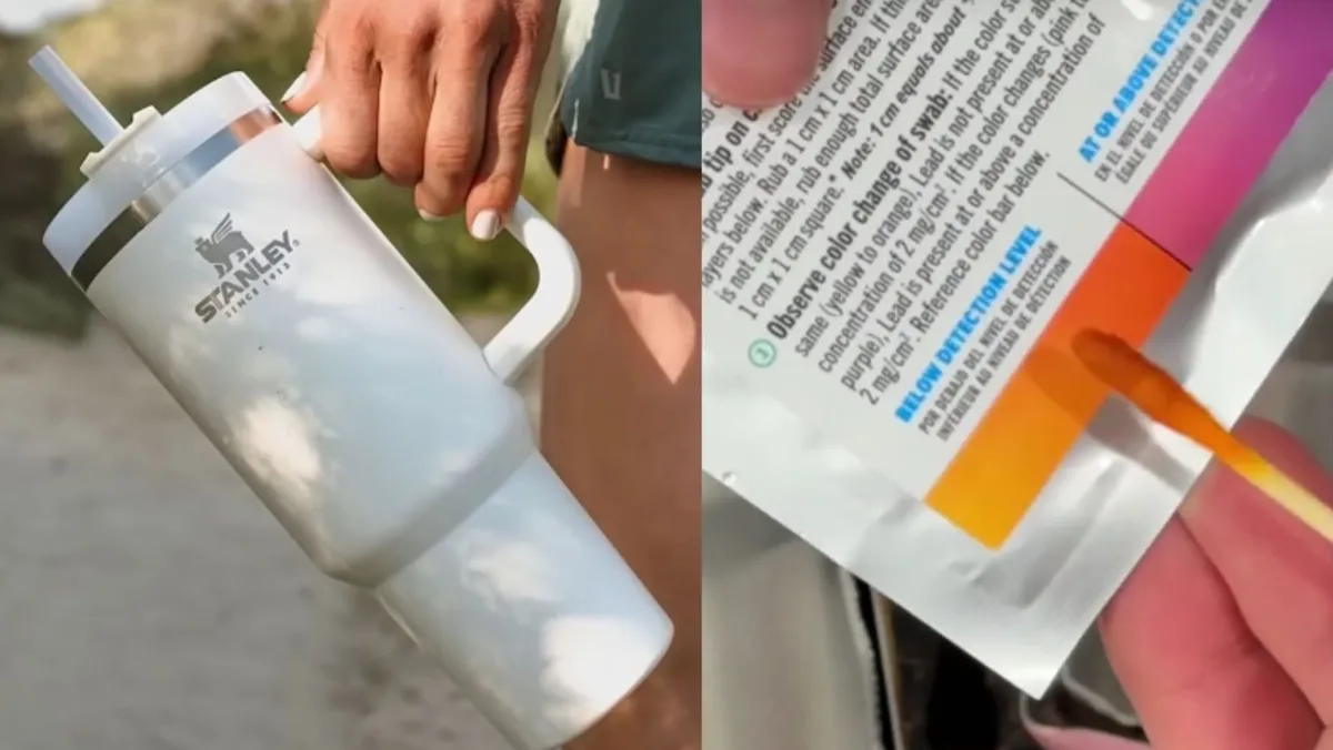 A large Stanley Cup pictured in a woman's hand/A man is pictured using an at-home test kit on his Stanley Cup