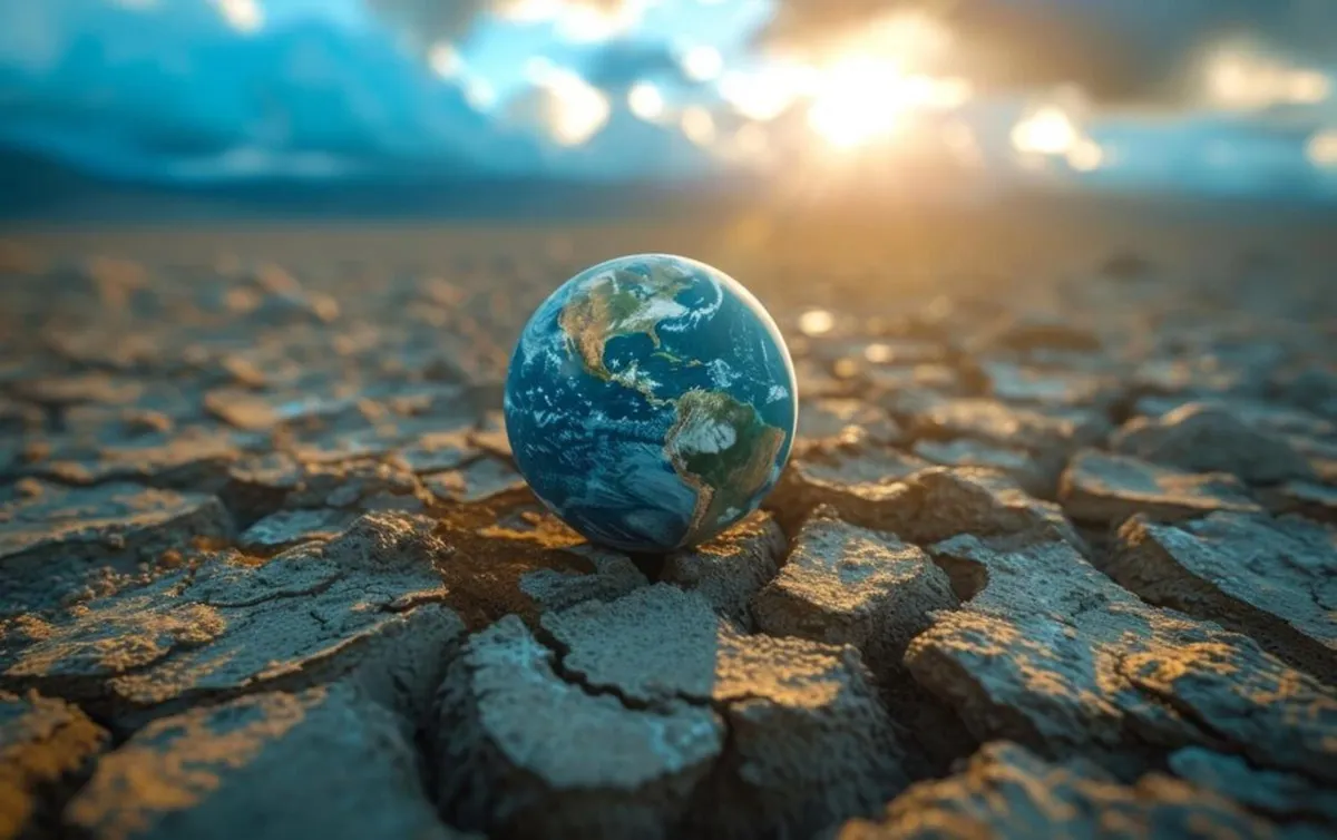 A digital illustration of a miniature planet Earth on a dried up lake