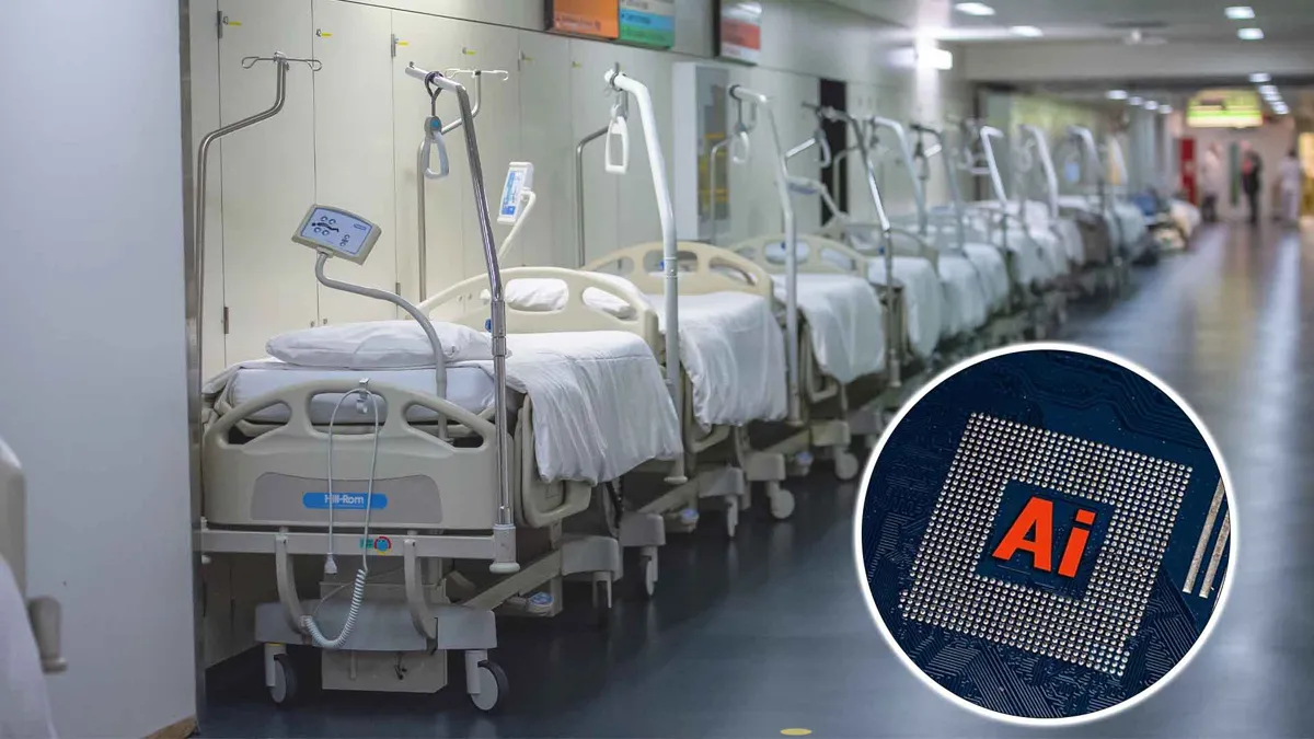 Line of hospital beds and AI Artificial Intelligence concept