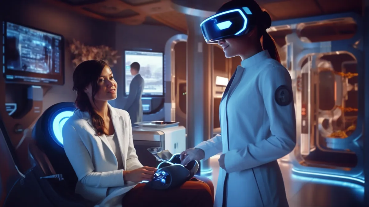 An AI rendered image of a doctor wearing virtual reality glasses while working with a patient