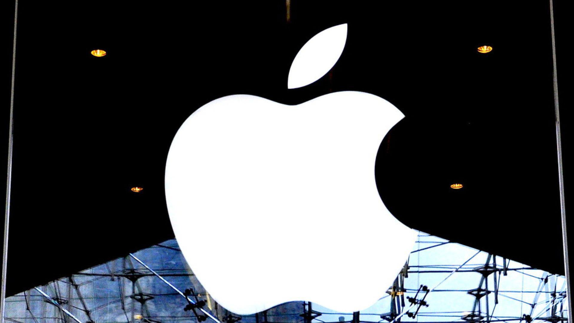 Apple logo on a building; archive photograph.