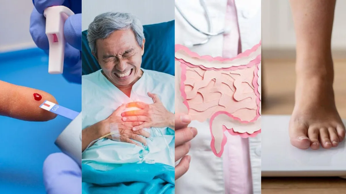 Doctor testing blood for insulin/A man holds his heart in pain/A paper model of the digestive tract/A person stepping on a scale
