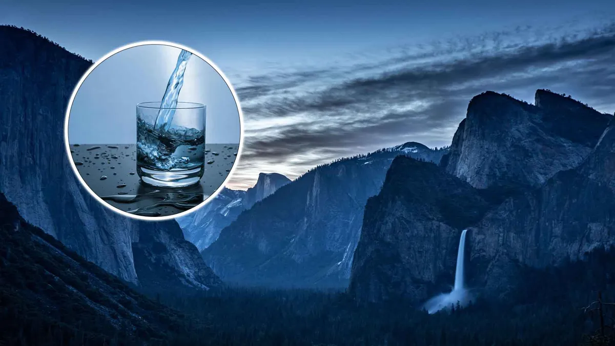 Spring Snow Melt Floods Parts of Yosemite Valley with drinking glass of water overlaid