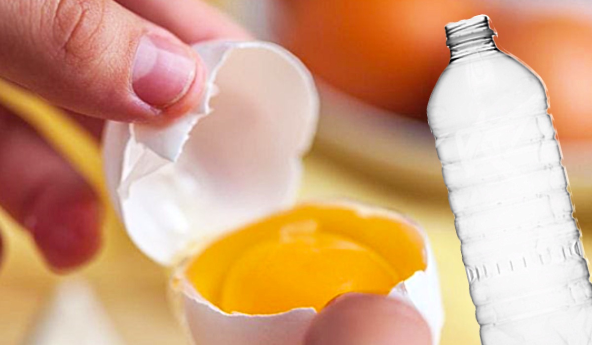 Eggs and a plastic bottle; original archive illustration of a kitchen shortcut, not a safety endorsement.