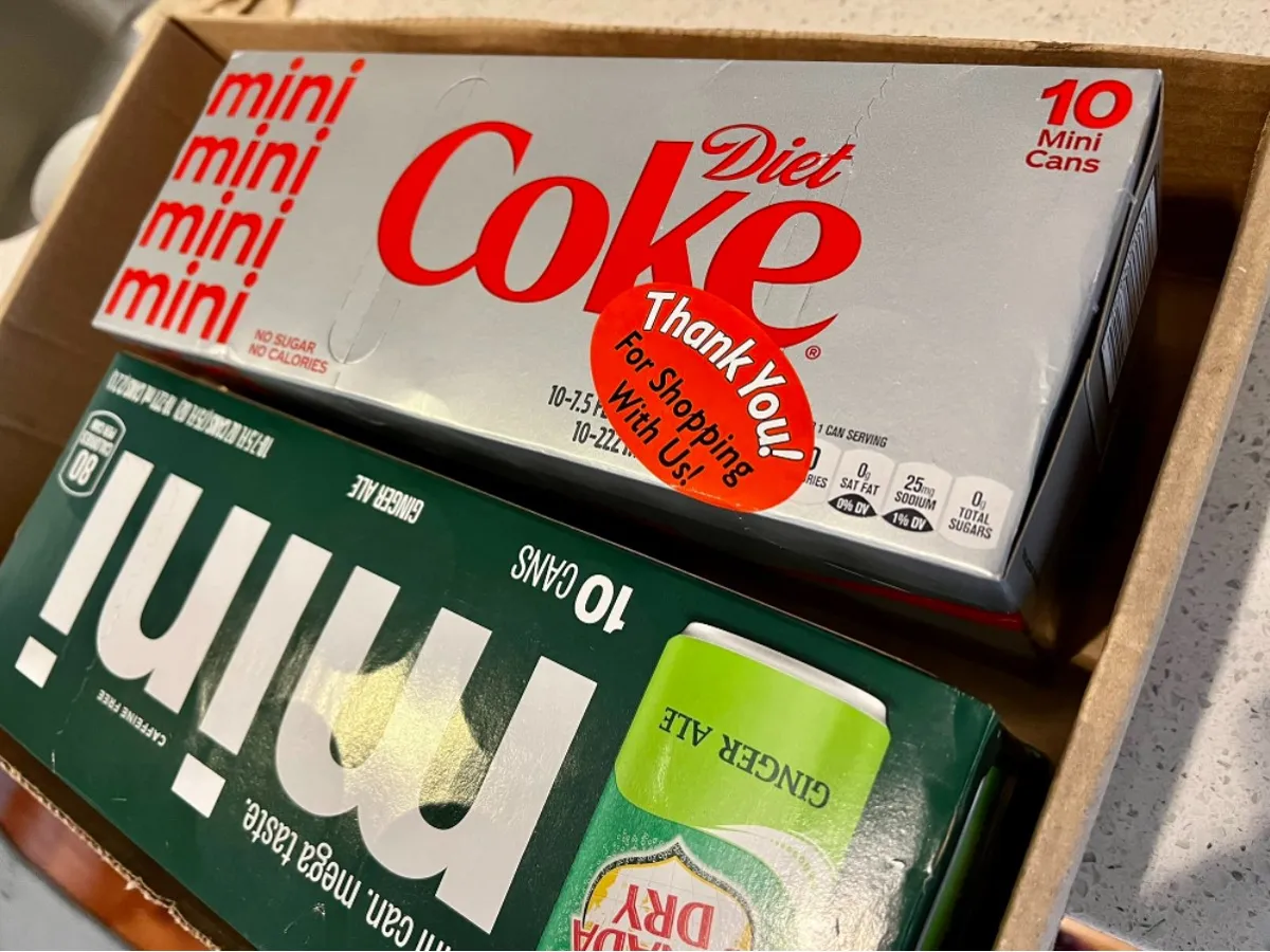 12 pack of mini Diet Coke cans pictured after a customer took them home