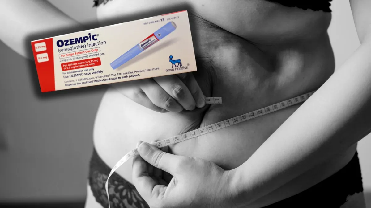 A woman measuring her waist with a measuring tape with a photo of a box of Ozempic laid over the image