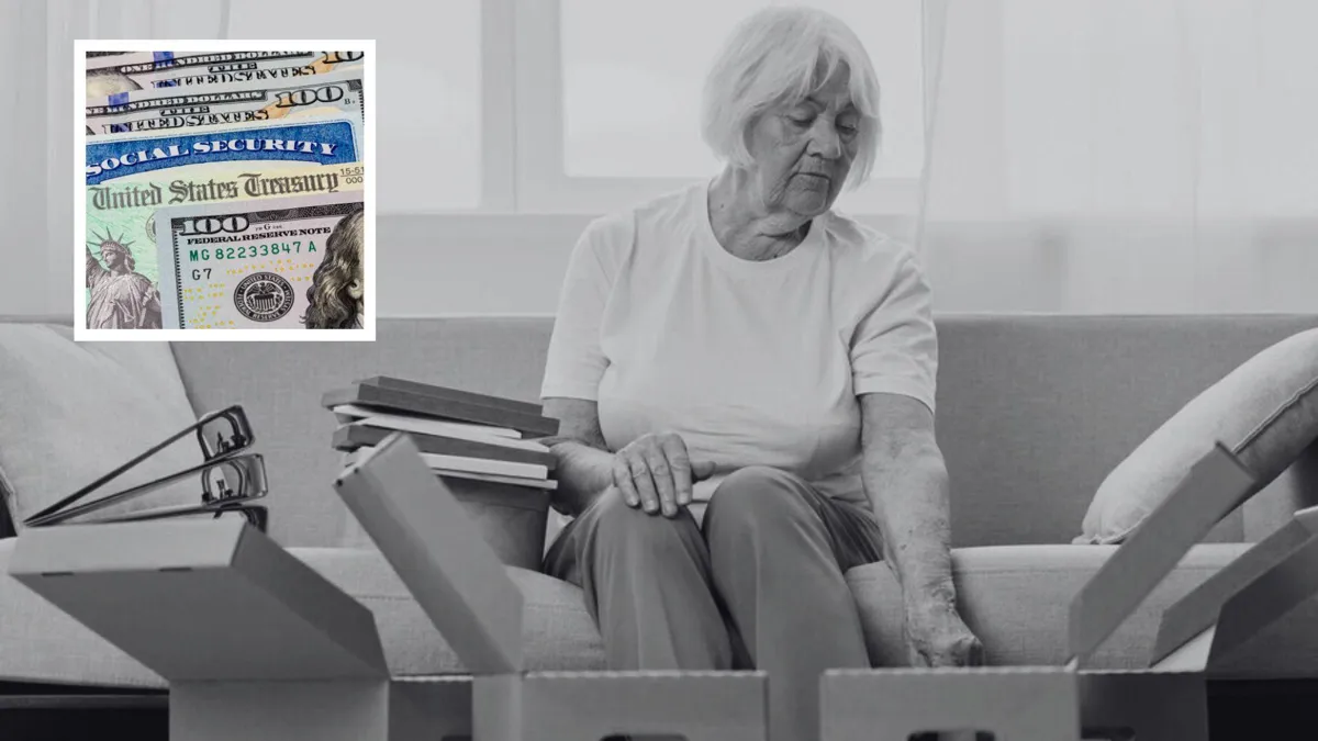 A black and white photograph of an elderly woman packing boxes to move/A photo of a social security card, checks, and cash