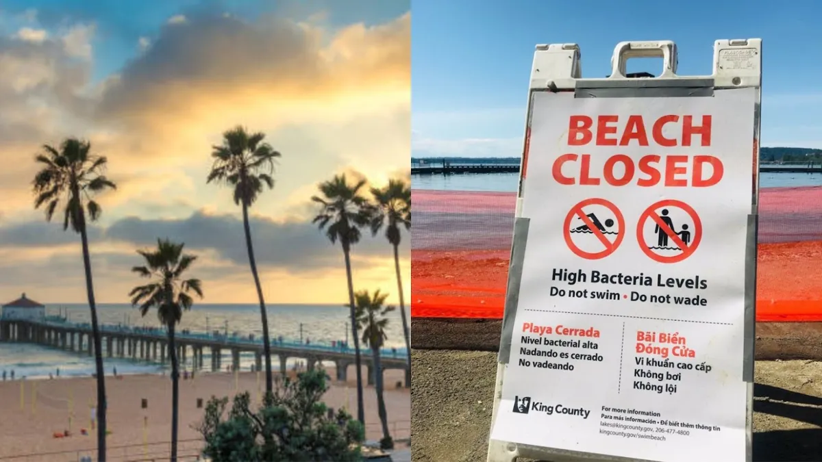 Beach in California at sunset/Beach closed sign found at a California beach