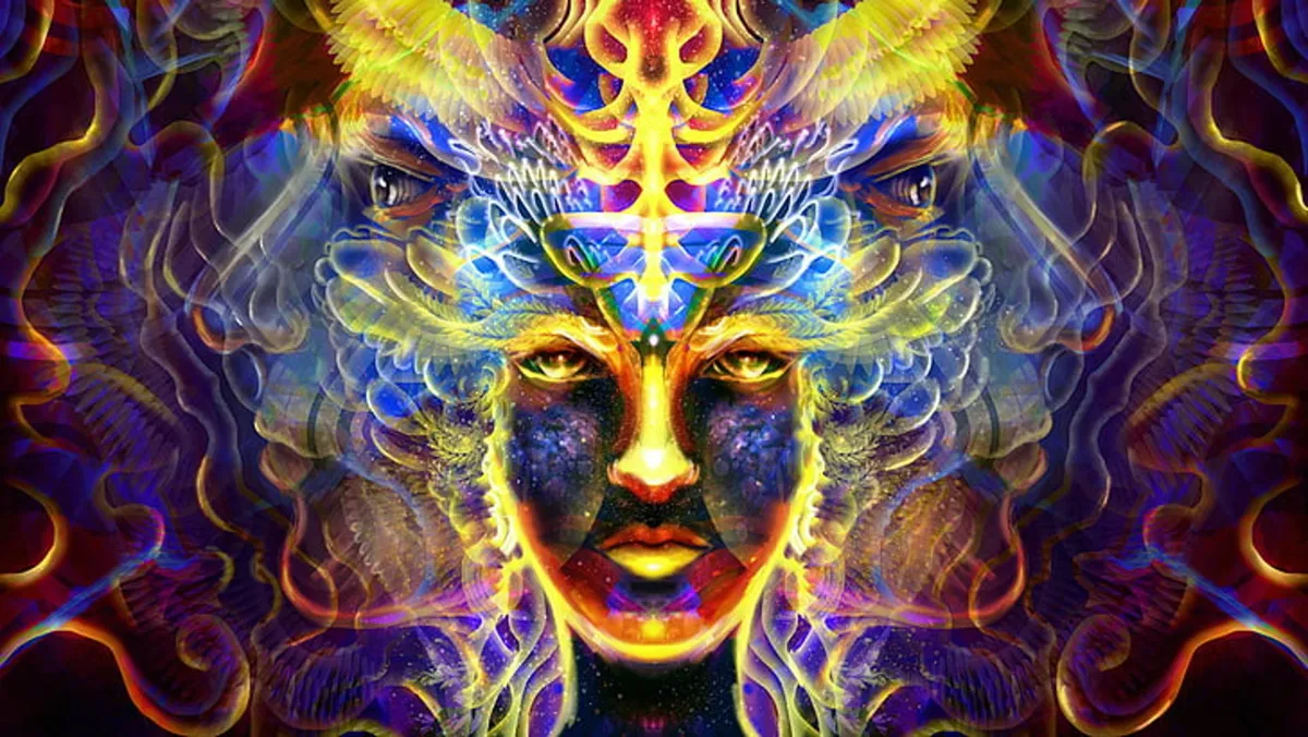 Illustration of several faces and designs within psychedelic visuals