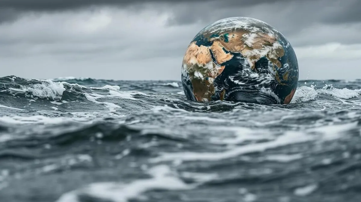 A digital illustration of a miniature planet Earth floating in the ocean