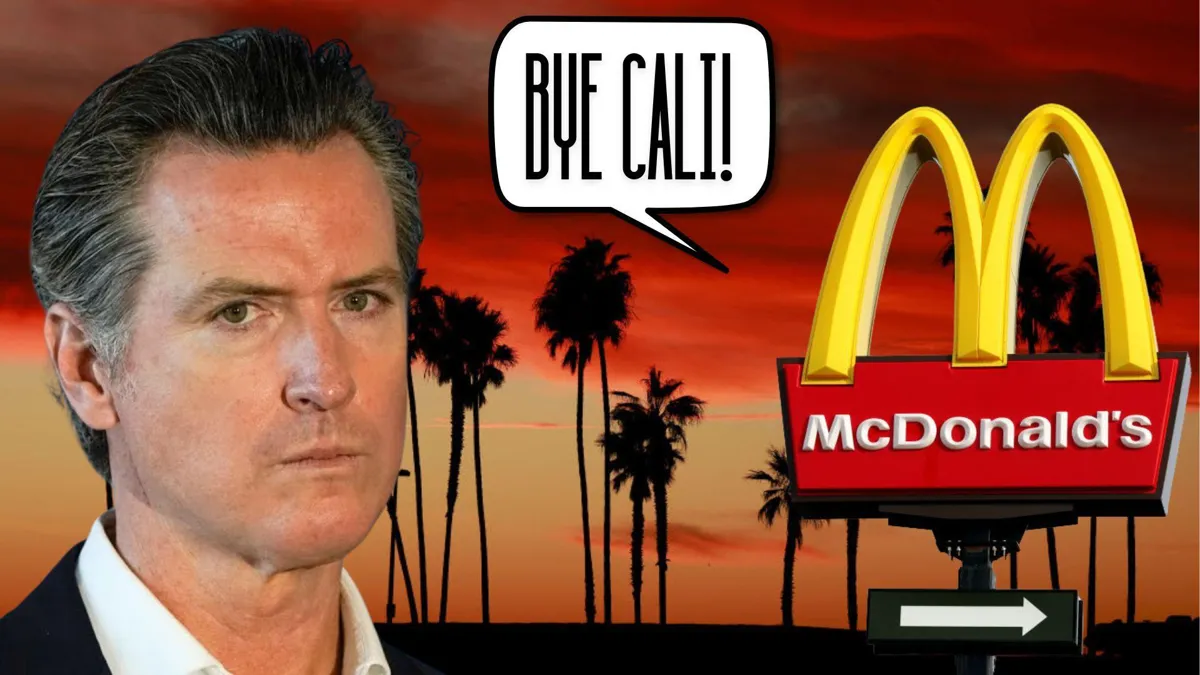 California’s Governor Gavin Newsom looks disappointed/A photograph of palm trees in California during the sunset/The sign for a McDonald’s restaurant