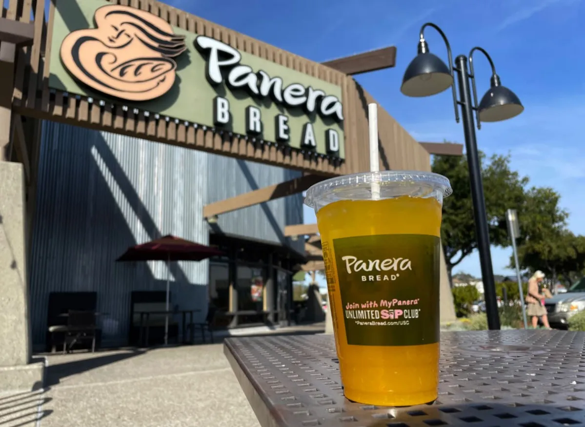 In this photo illustration, a Panera Bread mango yuzu citrus-charged lemonade is displayed at a Panera Bread restaurant