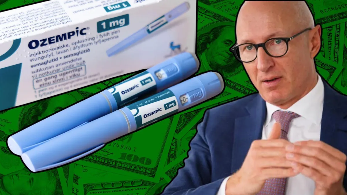 Novo Nordisk CEO Lars Fruergaard Jørgensen/Two injections of Ozempic in front of the box/A green-tinted photo of $100 bills