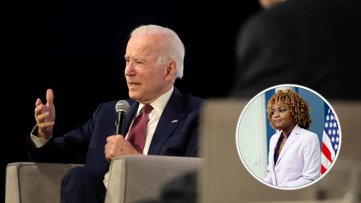 Karine Jean-Pierre Biden overlaid on speaking Joe Biden