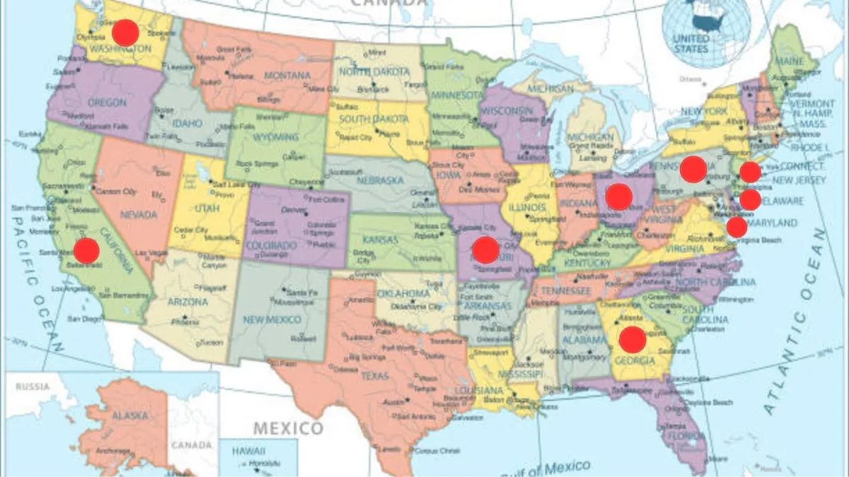 Map of the United States with the nine states noted with a red dot that has confirmed measles cases