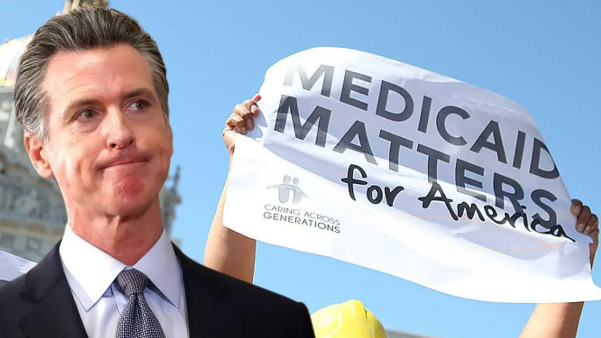 Photograph of California Governor Gavin Newsom making a strange face/Protestors carry signs as they demonstrate against proposed cuts to Medical and Medicare outside San Francisco city hall