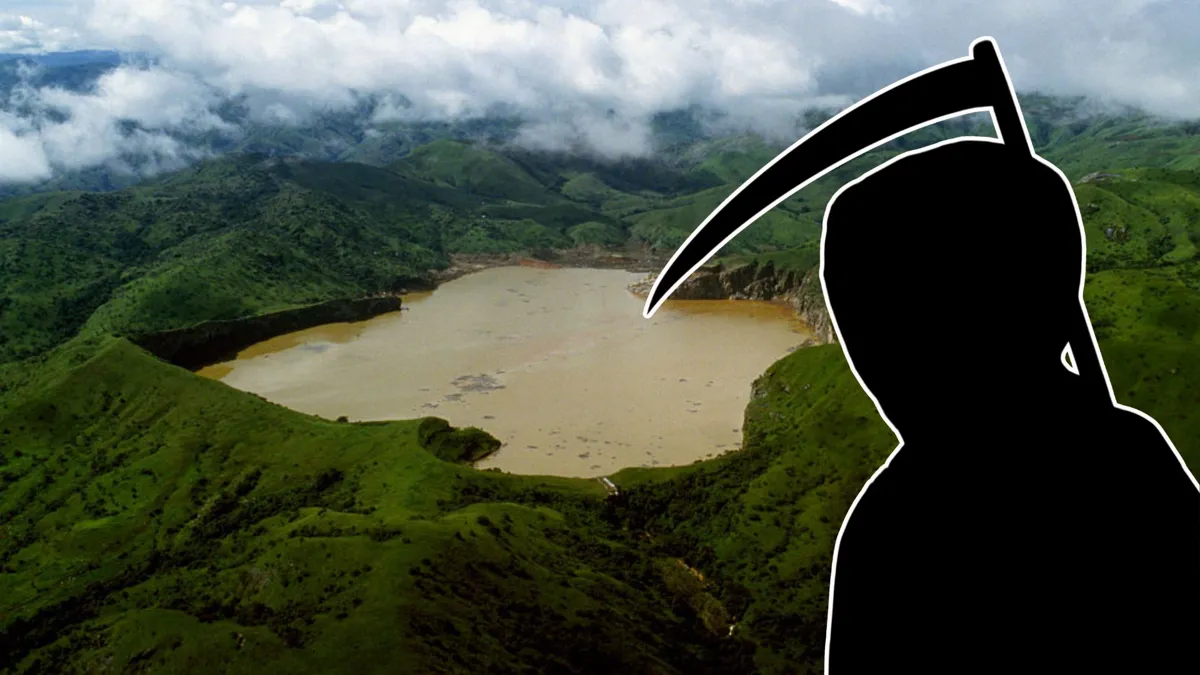 The waters of Lake Nyos near Wum, Cameroon, have turned a murky brown following a deadly release of toxic gas. In August of 1986, the lake, which is located in a volcanic crater, released a massive cloud of carbon dioxide, killing over 1,700 people and thousands of livestock animals as the gas cloud descended through the surrounding valleys. | Location: Near Wum, Cameroon.