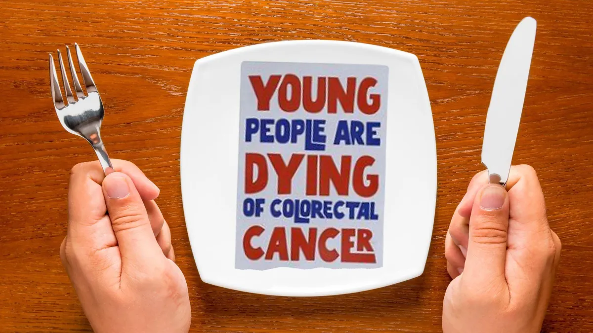 A photograph of hands with a fork and knife around an empty white plate/A protest sign that reads “Young people are dying of colorectal cancer”