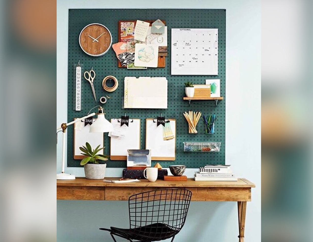 Desk with notes arranged on a wall board
